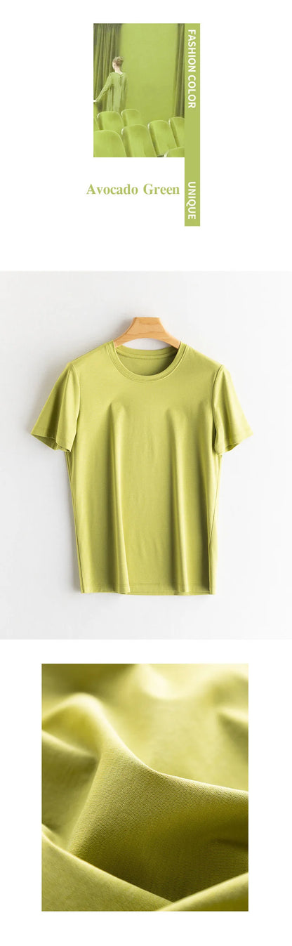 SuyaDream Women Solid T shirts, Silk Cotton Blend, O Neck, Short Sleeved Solid Tee,2025 Summer Candy Colors Basic Cozy Top Green