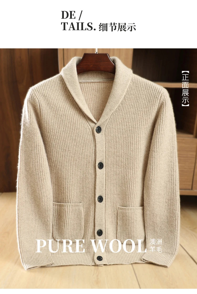 Men High Quality Polo Collar Cardigan Autumn Winter Thick Buttons 100% Merino Wool Sweater Smart Casual Coat Cashmere Knitwear