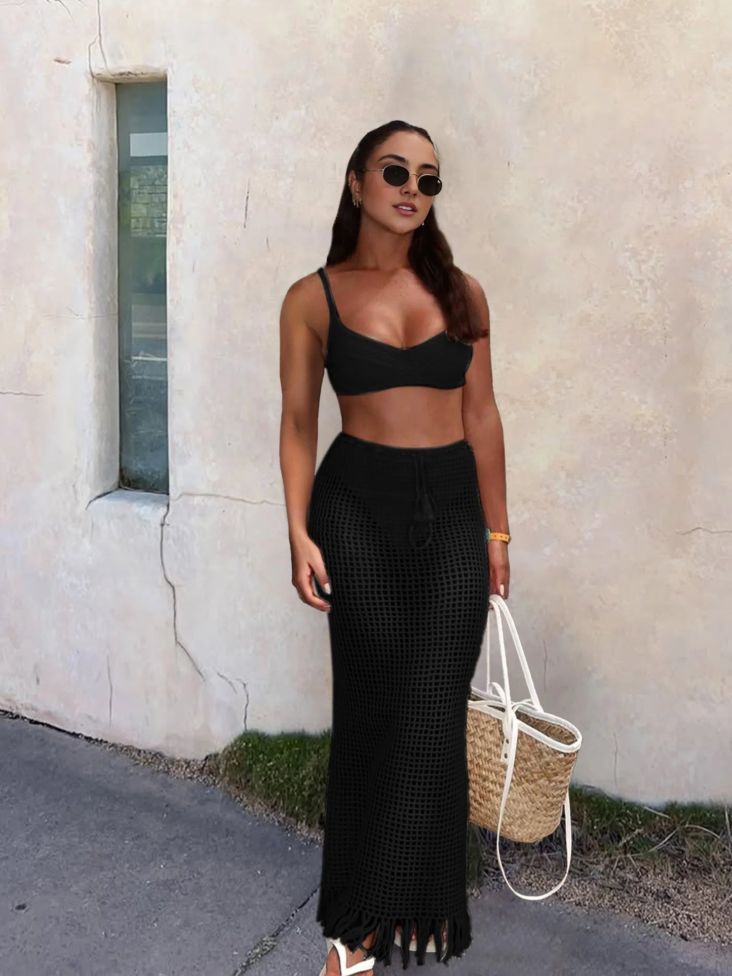 Sexy Summer Knit Cut Out Beach Half Skirt Women Chic Drawstring Fringed Casual Wrap Skirts 2026 Pool Party Swimwear Cover Up K50