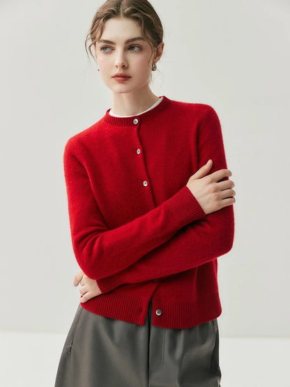 CHICUU Autumn Winter Women Thick O-neck Cardigan Basic Simple 100% Cashmere Sweater Solid Long Sleeve Cardigan Coat Knitwear