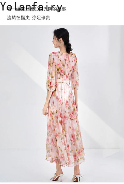 YOLANFAIRY 100% Real Silk Floral Dresses Woman Summer Clothes Elegant Mulberry Silk Pink Dress Romantic Women's Birthday Dress