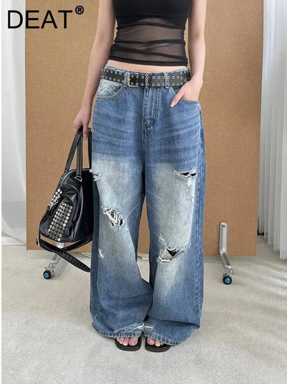 DEAT Fashion Washed Ripped Hole Vintage Straight Jeans Women's High Waist Long Wide Leg Blue Denim Pants Summer New