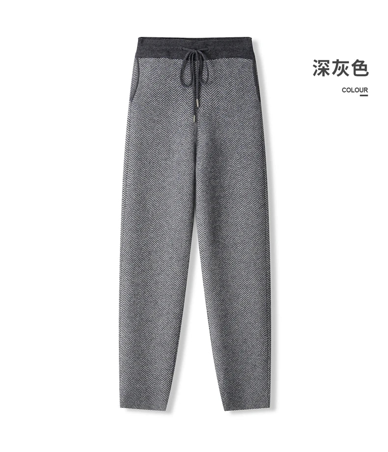 Soft 100% Merino Wool Straight-leg Pants For Men Jacquard Warm Knitted Pants Autumn Winter Thick Bottom Wear