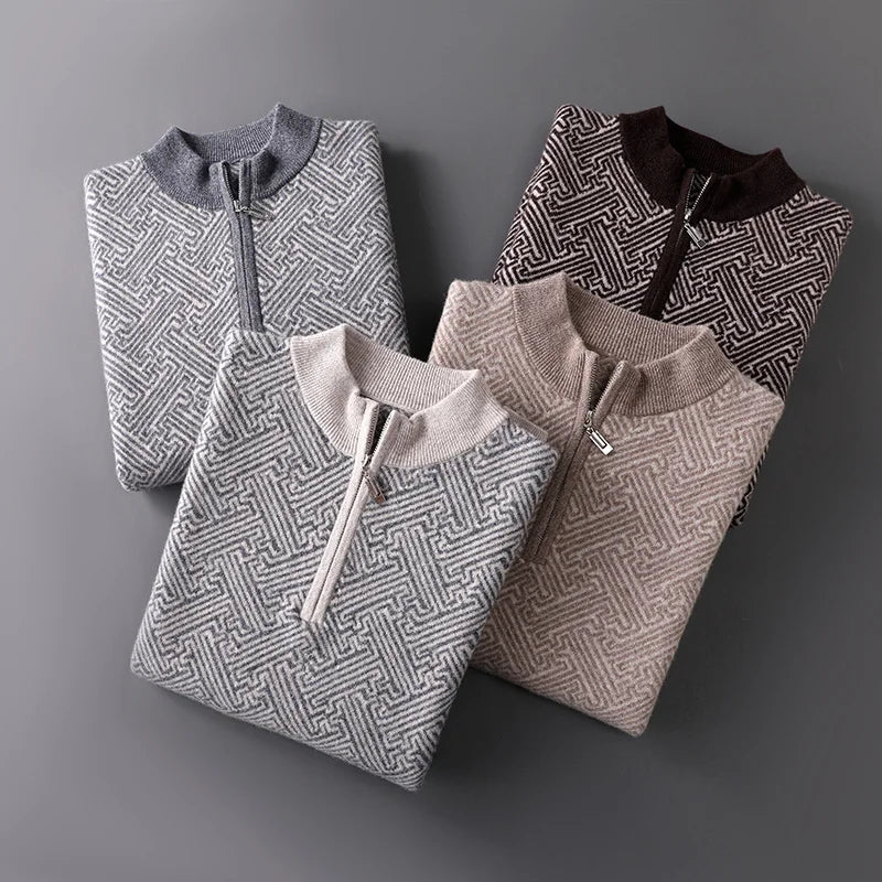 Men's 100% Merino Wool Jacquard Sweater Mock Collar Half Zip Thick Pullover Autumn Winter Cashmere Knitwear Long Sleeved Top