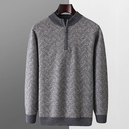 Men's 100% Merino Wool Jacquard Sweater Mock Collar Half Zip Thick Pullover Autumn Winter Cashmere Knitwear Long Sleeved Top
