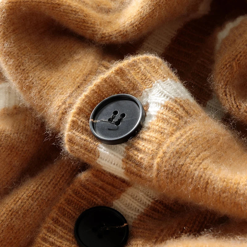 100% Merino Wool Color-Blocked Double Pocket Knit Cardigan Cashmere Soft Long Sleeves Basic Comfortable Men's  Clothing Top