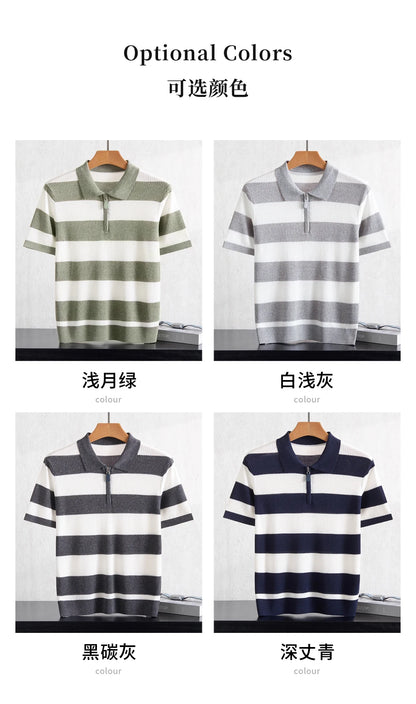 Men's 100% Lyocell POLO Collar Striped T-Shirt Knit Pullover Summer New Bussiness Casual Half-zip Short-sleeved Jumper Menswear