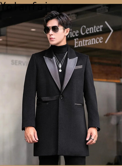 YOLANFAIRY 2025 Autumn Genuine Sheepskin Patchwork Wool Coat Man Clothing Men's Mid-length Suit Windbreaker Trendy Woolen Jacket