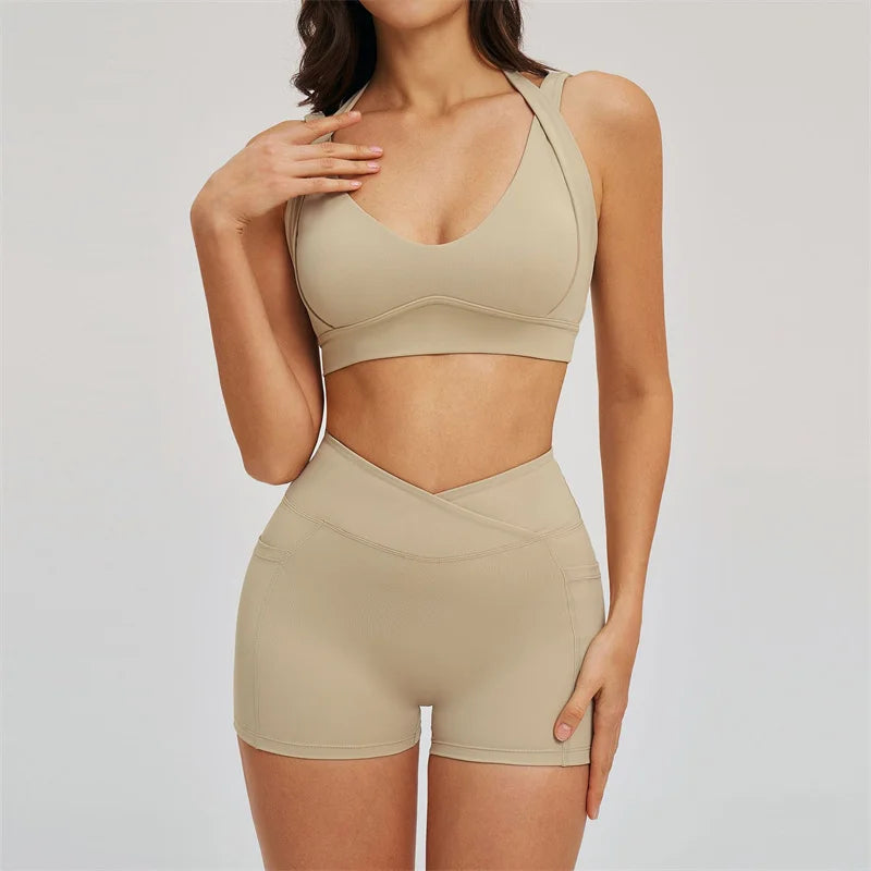 TRY TO BN Women's Tracksuit Shorts Sports Gym Set Halter Neck Fitness Cross Waisted Short Running Two Pieces Suits Yoga Clothing