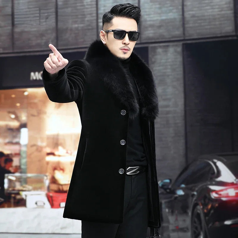 6XL Winter Jacket for Men Sheep Shearling Down Coat Men's Large Fur Collar Midi Long 100% Wool Real Fur Coats and Jackets FCY