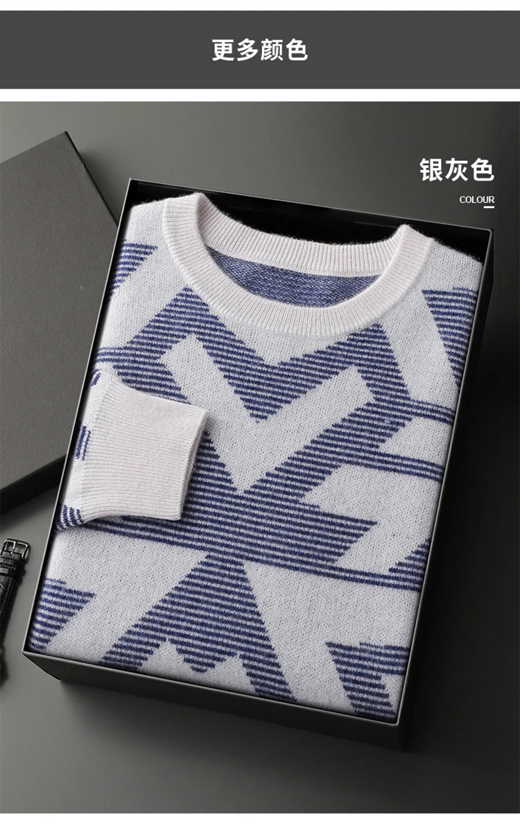Men's Autumn Winter New 100% Cashmere O-Neck Sweater Fashion Knitted Jacquard Pullover Top Color blocked Thickened Men's Wear