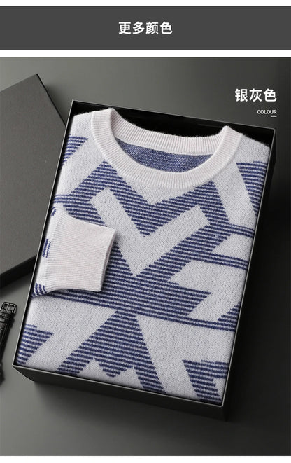 Men's Autumn Winter New 100% Cashmere O-Neck Sweater Fashion Knitted Jacquard Pullover Top Color blocked Thickened Men's Wear