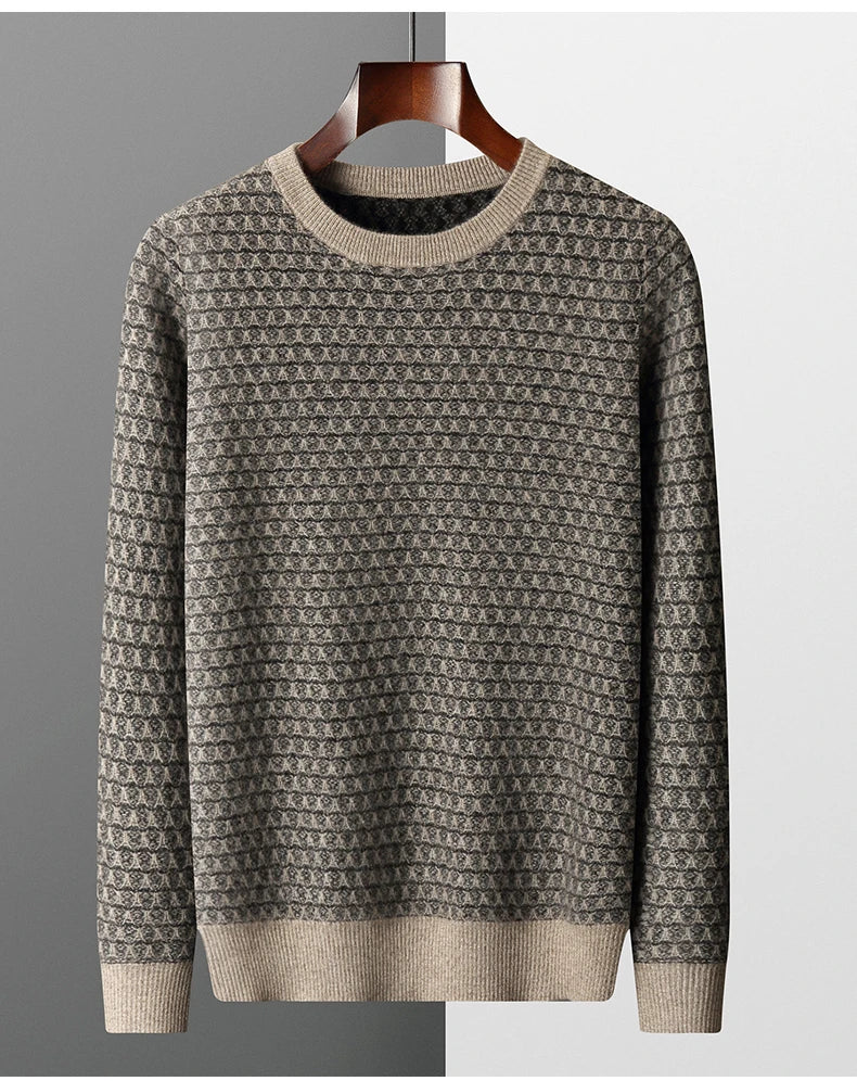 Men's Jacquard Striped 100% Pure Cashmere Pullover Sweater Autumn and Winter Thick base Sweater Casual Warm Clothing Men's Tops