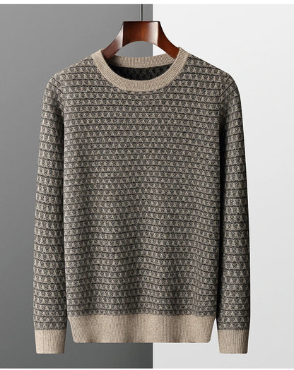 Men's Jacquard Striped 100% Pure Cashmere Pullover Sweater Autumn and Winter Thick base Sweater Casual Warm Clothing Men's Tops