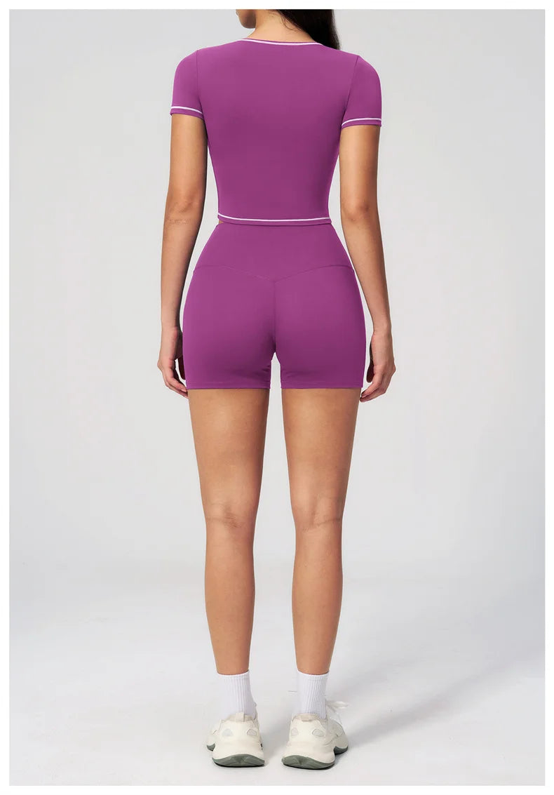 TRY TO BN 2 Pieces Women's Tracksuit Yoga Short Sleeves Top Sets High Waist Shorts Contrasting Color Running Fitness Gym Clothes