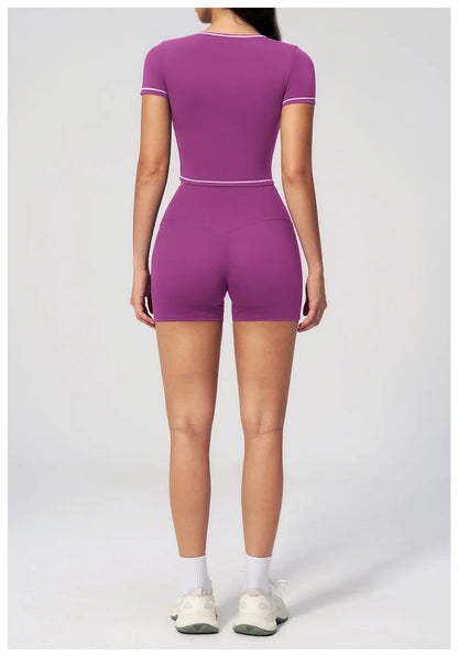 TRY TO BN 2 Pieces Women's Tracksuit Yoga Short Sleeves Top Sets High Waist Shorts Contrasting Color Running Fitness Gym Clothes