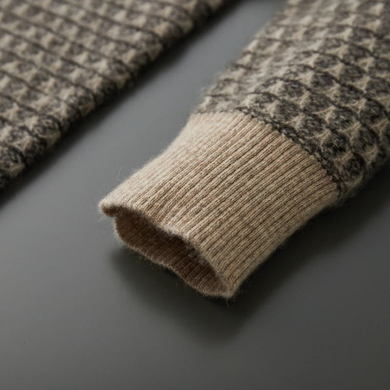 Men's Jacquard Striped 100% Pure Cashmere Pullover Sweater Autumn and Winter Thick base Sweater Casual Warm Clothing Men's Tops
