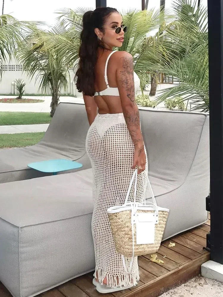 Sexy Summer Knit Cut Out Beach Half Skirt Women Chic Drawstring Fringed Casual Wrap Skirts 2026 Pool Party Swimwear Cover Up K50