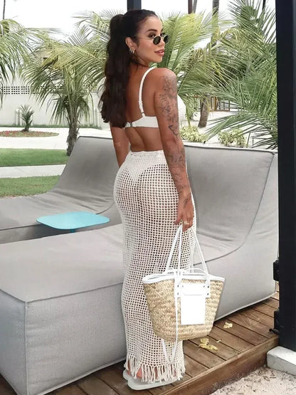 Sexy Summer Knit Cut Out Beach Half Skirt Women Chic Drawstring Fringed Casual Wrap Skirts 2026 Pool Party Swimwear Cover Up K50