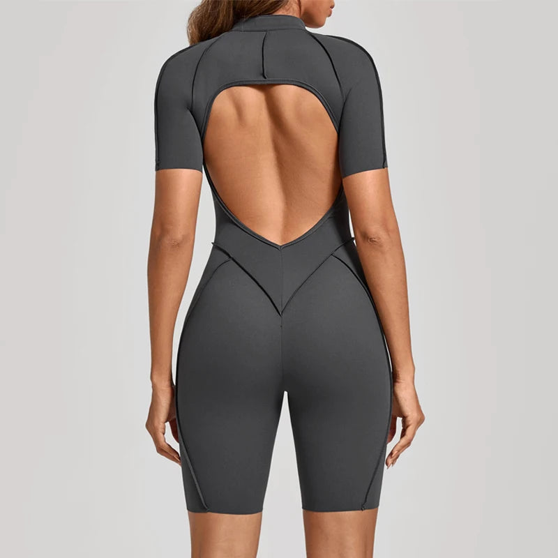 VITALINOVO Women Short Sleeve Workout Jumpsuit Backless Zip Up Romper Bottom Shorts Built-in Bra Bodysuit Bodycon Sexy One Piece