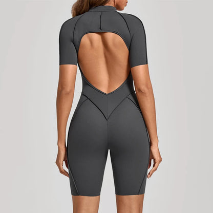 VITALINOVO Women Short Sleeve Workout Jumpsuit Backless Zip Up Romper Bottom Shorts Built-in Bra Bodysuit Bodycon Sexy One Piece