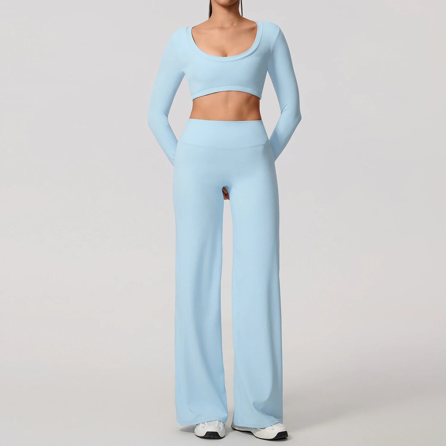 Hearuisavy Sports Set 2Pcs Women's  Long Sleeve Backless Fitted Fitness Top Push Up Pilates Yoga Top Wide Leg Straight Leg Pants
