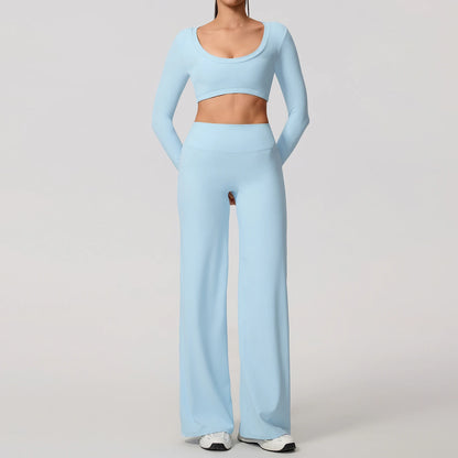 Hearuisavy Sports Set 2Pcs Women's  Long Sleeve Backless Fitted Fitness Top Push Up Pilates Yoga Top Wide Leg Straight Leg Pants