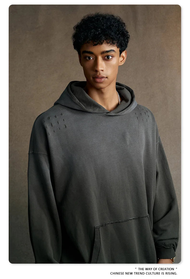 Custom LOGO men's 2025 autumn 370G heavy 100% cotton gradual change hole hooded sweater straight trousers set