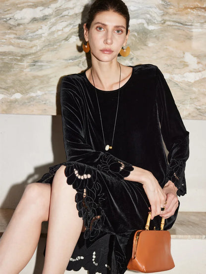SuyaDream, Women Velvet Dresses, 100%Real Silk, O Neck, Embroidery Black Mid Dress, 2026 Spring Summer Elegant Cloth