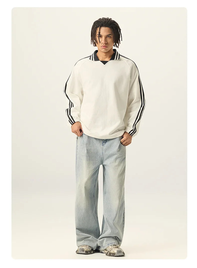 Custom LOGO men's American striped 100% cotton sweater 380G college style contrasting color lapel couple commuter sweater