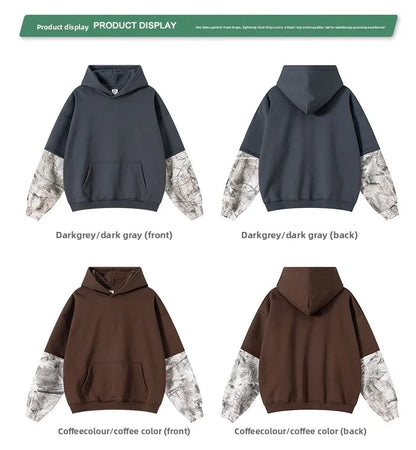 Custom LOGO Men's 2025 Autumn New 340G fleece-lined Fake Two-piece Camouflage Sweater T-Shirt Casual Pants Set