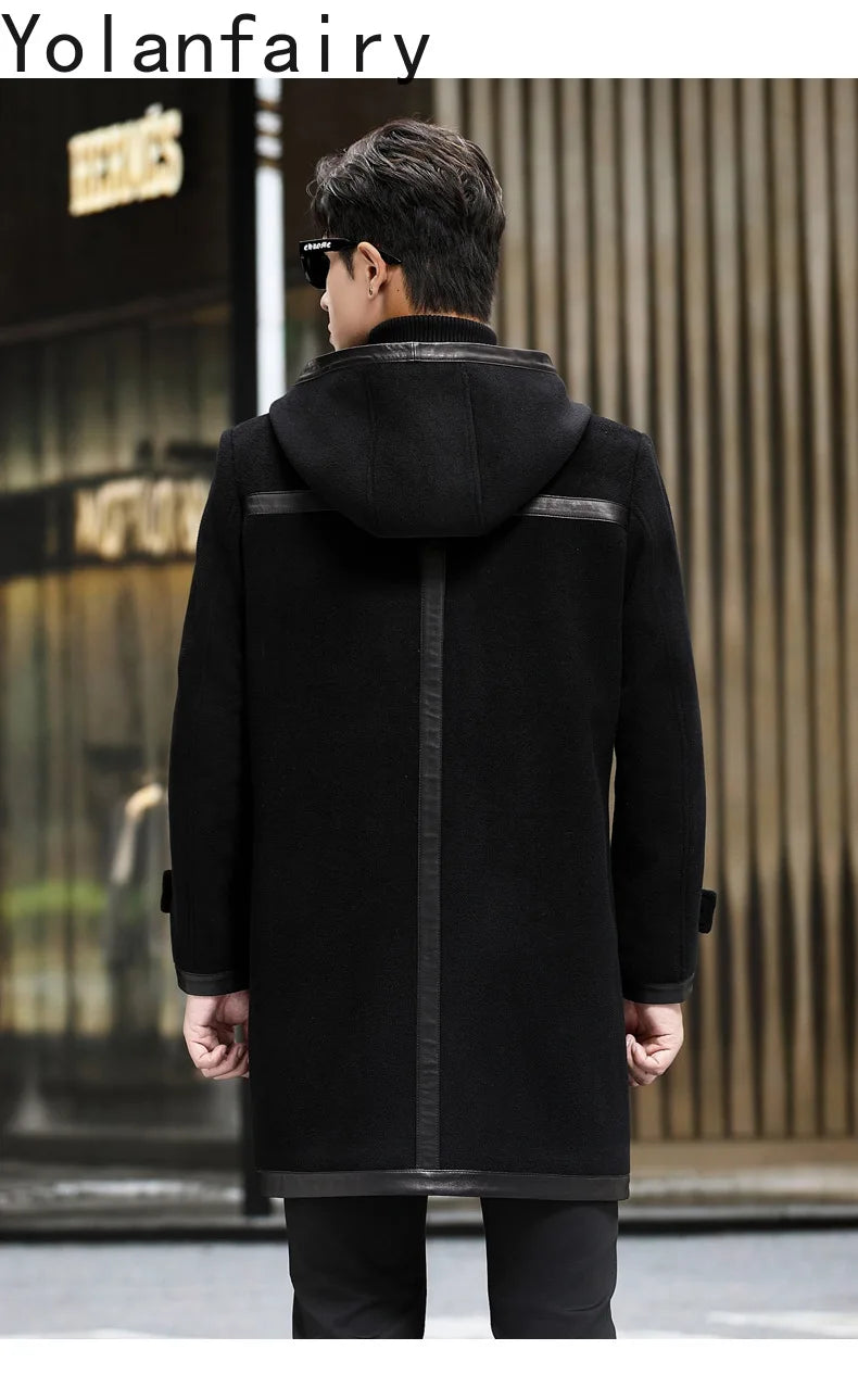 YOLANFAIRY Luxury Woolen Jackets for Man Autumn Winter Mid-length Pure Wool Patchwork Sheepskin Trench Coat Hooded Mens Jacket