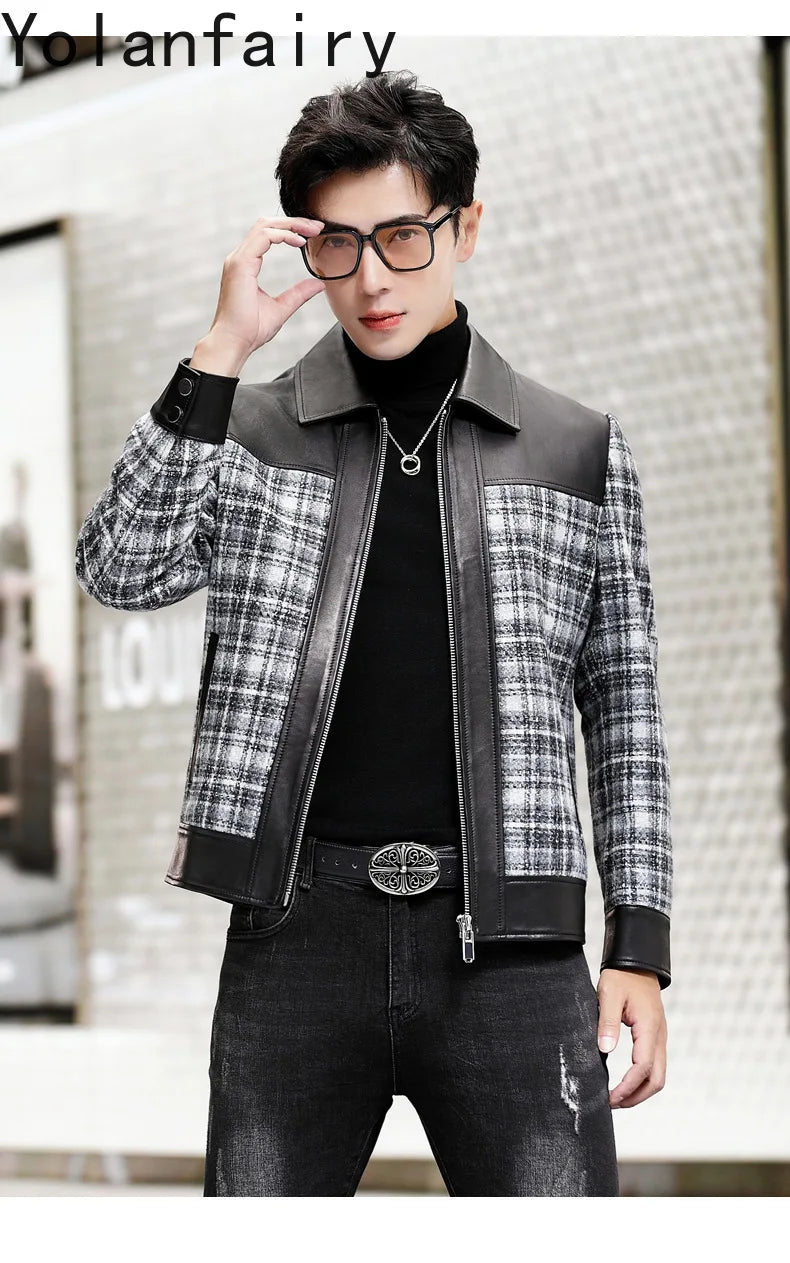 YOLANFAIRY Plaid Wool Spliced Genuine Sheepskin Jacket for Man Spring Autumn Short Woolen Coat Turn Down Collar abrigo hombre