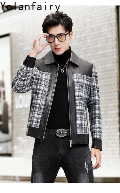 YOLANFAIRY Plaid Wool Spliced Genuine Sheepskin Jacket for Man Spring Autumn Short Woolen Coat Turn Down Collar abrigo hombre