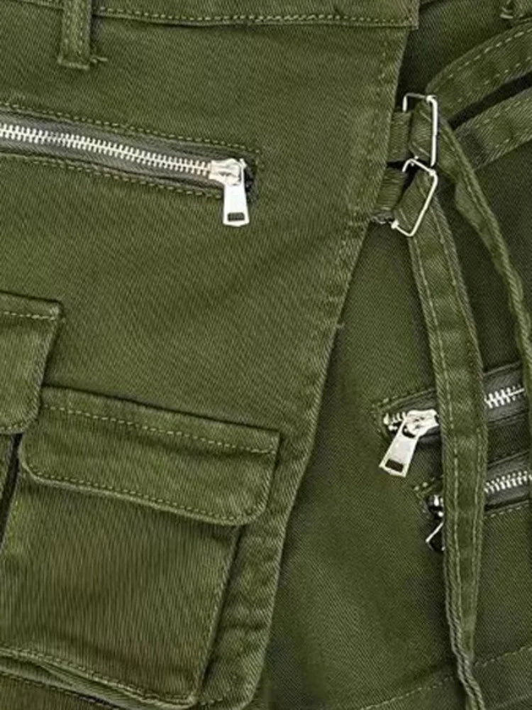 DEAT Fashion Women's Denim Shorts High Waist Zipper Lace Strap Pockets Fake 2 Pcs Green Shorts Skirts Summer 2024 New 17A6200