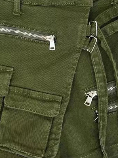 DEAT Fashion Women's Denim Shorts High Waist Zipper Lace Strap Pockets Fake 2 Pcs Green Shorts Skirts Summer 2024 New 17A6200