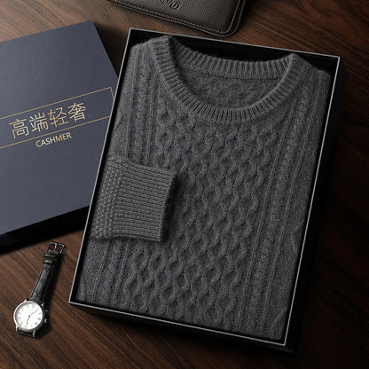 Men's 100% Cashmere Sweater Round Neck Autumn Winter Warm Clothing Jacquard Checkered Pullover Sweater Knitted Bottom Shirt Tops
