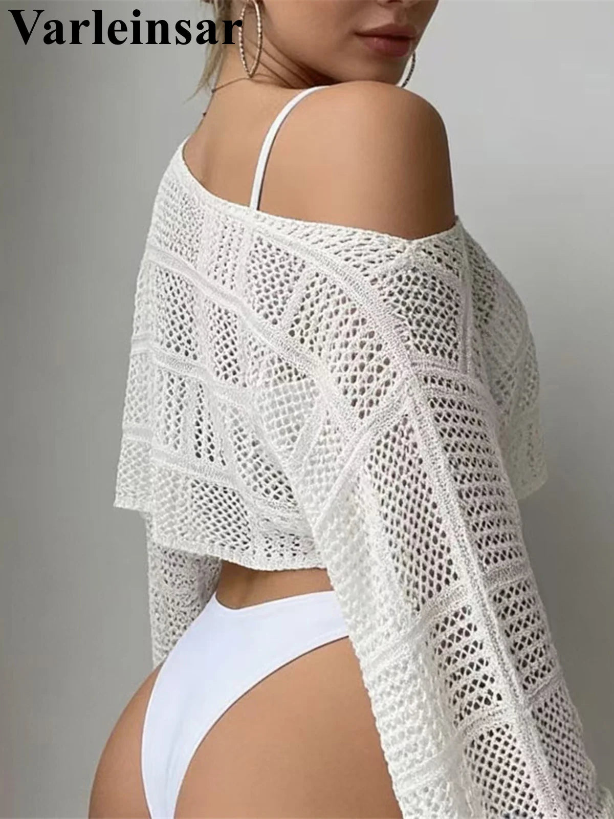 New Long Sleeve Hollow Out Crop Top Crochet Knitted Beach Cover Up Cover-ups Beach Dress Beach Wear Beachwear Female Women V7924