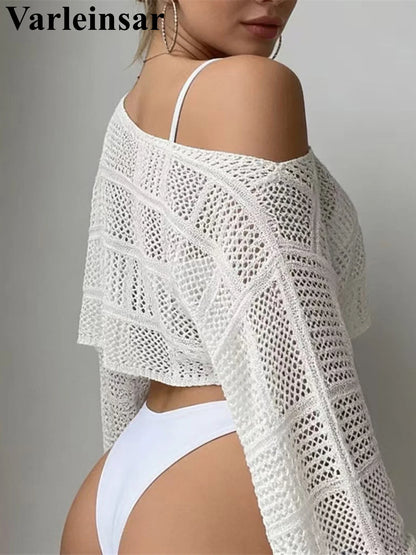 New Long Sleeve Hollow Out Crop Top Crochet Knitted Beach Cover Up Cover-ups Beach Dress Beach Wear Beachwear Female Women V7924