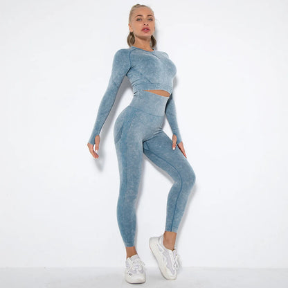 Women Seamless Tracksuit Yoga Set 2PCS Workout Clothes Athletic Wear Gym Legging Fitness Bra Crop Top Long Sleeve Sports Suits