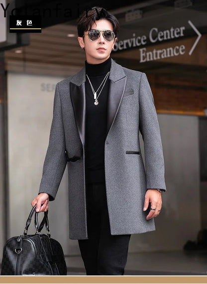 YOLANFAIRY 2025 Autumn Genuine Sheepskin Patchwork Wool Coat Man Clothing Men's Mid-length Suit Windbreaker Trendy Woolen Jacket