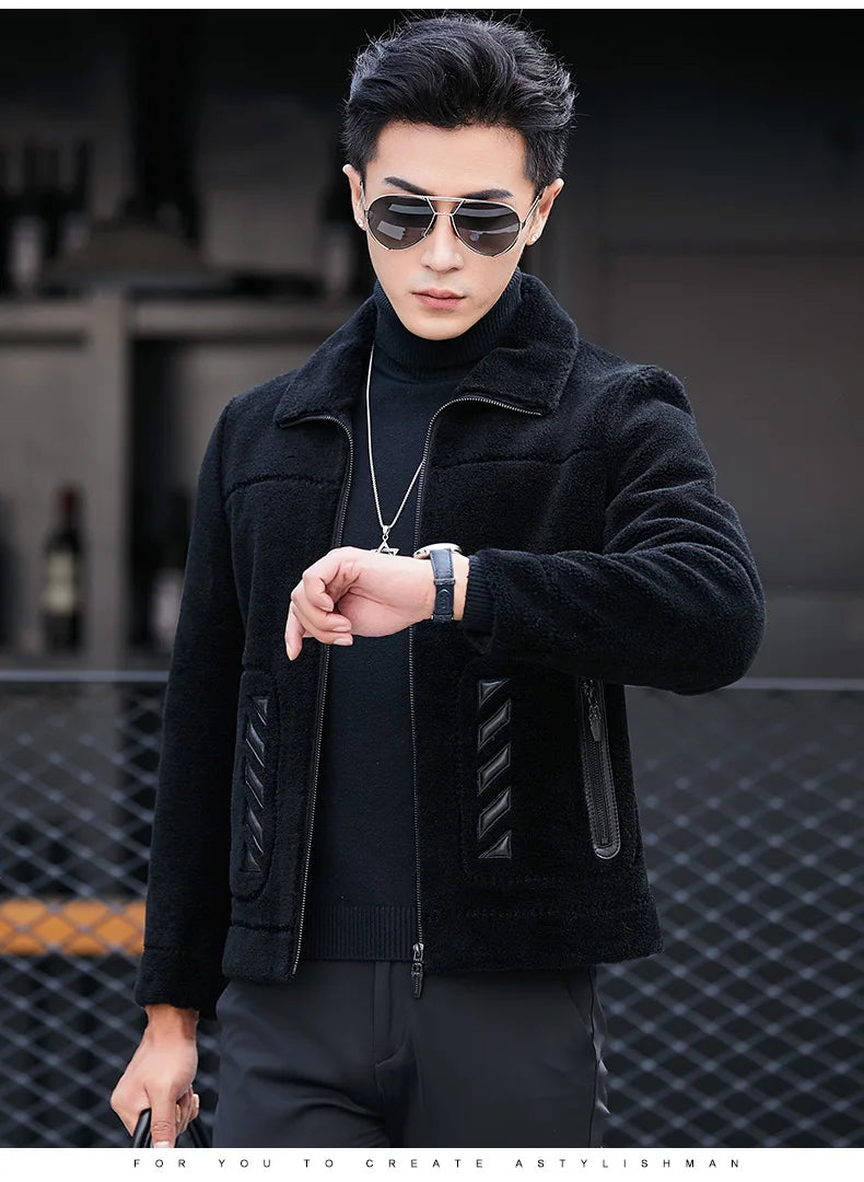 YOLANFAIRY Genuine Leather Men Sheep Sheared Grain Lamb Fur Coat Men Real Woolen Jackets Men's Clothing Mens Fur Jacket Coat