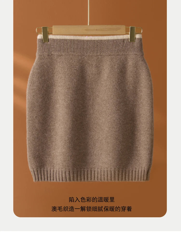 Flat Thickened Hip Hugging Skirt Women's Autumn Winter 100% Merino Wool Knitted Half Skirt Versatile Short Elastic Waist Skirt