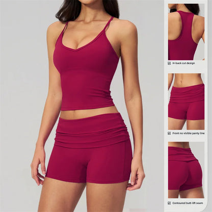 TRY TO BN Two Pieces Women's Tracksuit Vest Sling Top Set Fold-over Waist Yoga Shorts Hip Lifting Running Fitness Gym Activewear