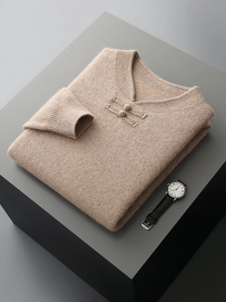 New Chinese Style Men's Pullover 100% Pure Wool Knit Sweater Autumn Winter Retro Stand Collar Long Sleeve Fashion Cashmere Tops