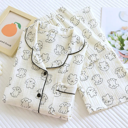 2026 New Spring and Autumn Women's Pajama Set 100% Cotton Crepe Cute Long sleeved Pants Two piece Printed Loose Home Fury