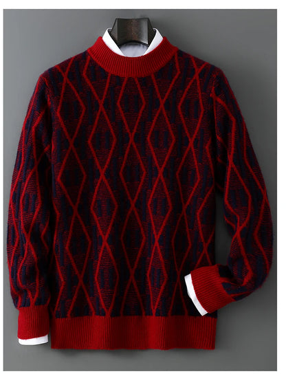 New 100% Pure Wool Cashmere Men's Mock-Neck Pullover Autumn And Winter Color Matching Top Casual Thick Fashion Large Size Jacket