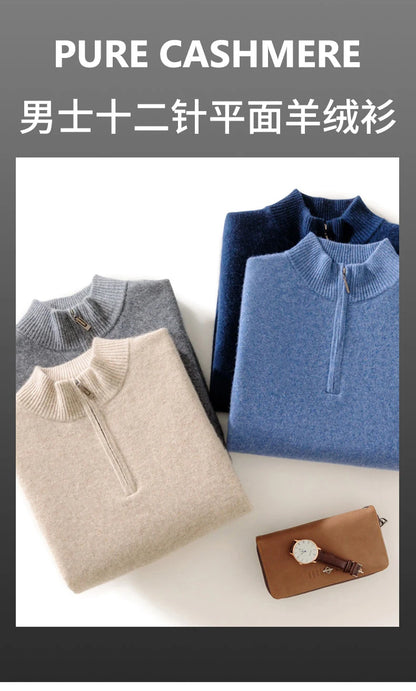 High-end 100% Cashmere Pullover for Men Mock Collar Thick Sweater Autumn Winter Knitted Jumper Warm Clothing Smart Casual Top