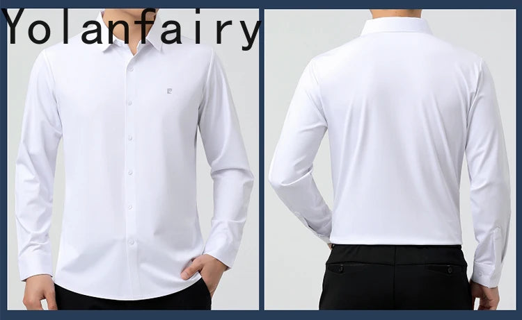 YOLANFAIRY 100% Mulberry Silk Long Sleeve Shirt Man Spring Autumn Casual Silk Mens Shirts Warm Male White Shirt chemises hommes