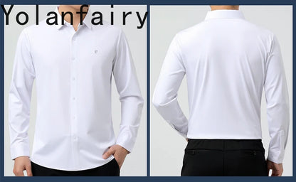 YOLANFAIRY 100% Mulberry Silk Long Sleeve Shirt Man Spring Autumn Casual Silk Mens Shirts Warm Male White Shirt chemises hommes